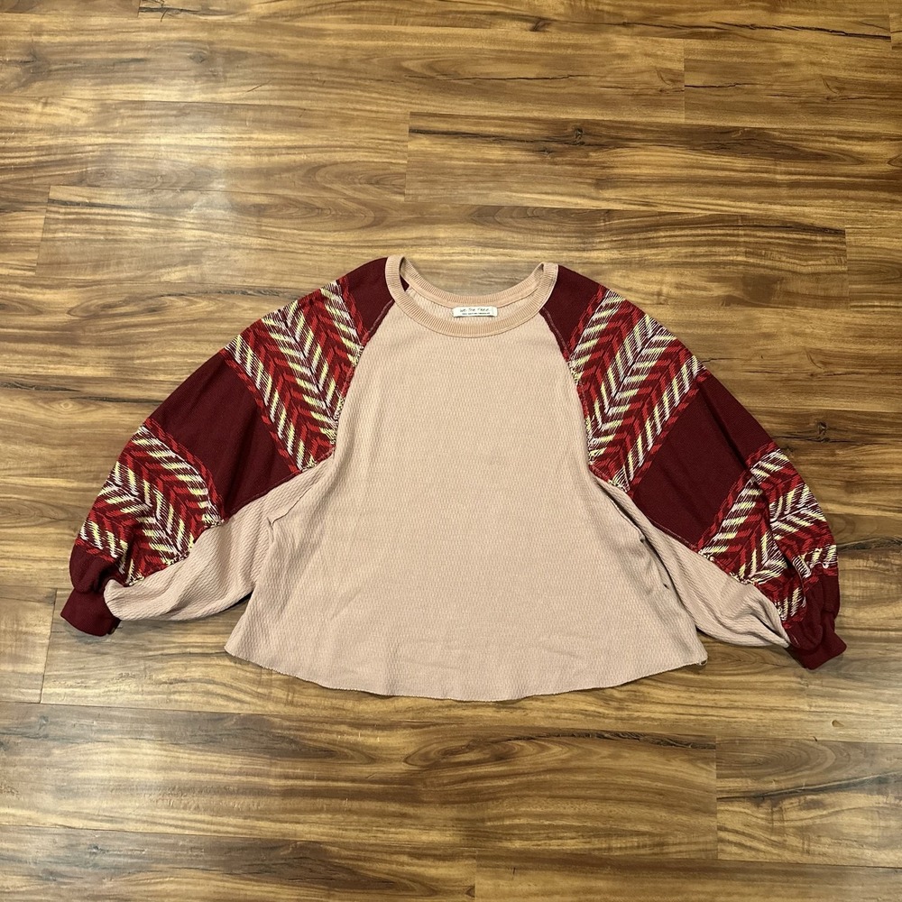 We The Free Shirt Womens Small Pink Crewneck Balloon Sleeve Herringbone Knit